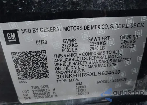 2020 Chevrolet Blazer Awd 2Lt из США, поврежденный, VIN 3GNKBHRSXLS634510